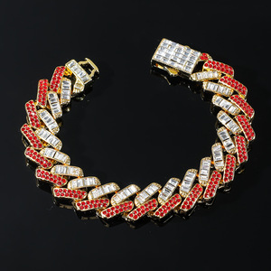 New Product Personalized <b>Red</b> Rhinestone Cuban Link Chain Hip Hop Style Double Color Men's Chain <b>Bracelet</b> Wholesale Jewelry - Product Image 1