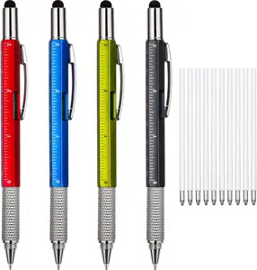 4 قطع قلم هدايا للرجال 6 في 1 أداة متعددة الأدوات التقنية قلم مفك براغي مع مسطرة ، مقياس التسوية ، قلم حبر جاف وقلم غيارات