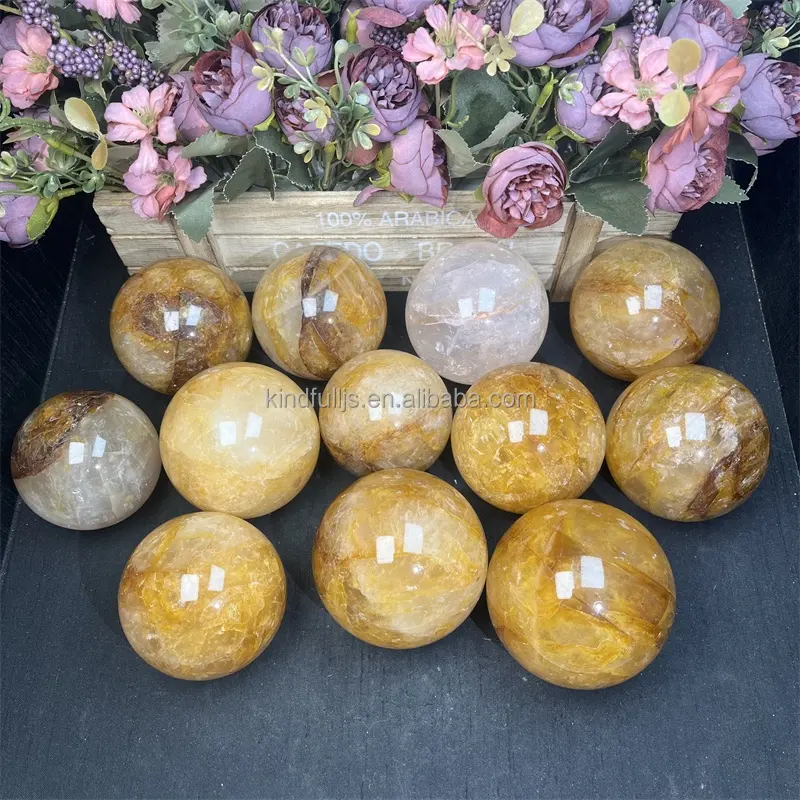Yellow Fire Quartz Hematoid Ball Natural Healing Golden Healer Sphere For Decoration
