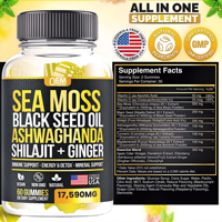 Permen Jeli Sea Moss Label Pribadi OEM Minyak Biji Hitam Ashwagandha Shilajit Jahe Dukungan Kekebalan Tubuh Dewasa Vegan Rendah Gula Non-GMO 60
