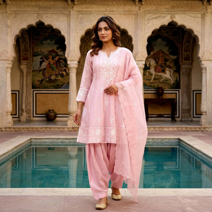 Ensemble Kurta et pantalon en mousseline de soie H.O.Silk brodée rose pour femmes, avec dupatta, style traditionnel indien pakistanais, pour mariage, séchage rapide - Product Image 1