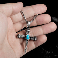 Collier personnalisé en acier inoxydable, croix d'ongle bleu turquoise, pendentif de croix de pierres précieuses bleues rétro