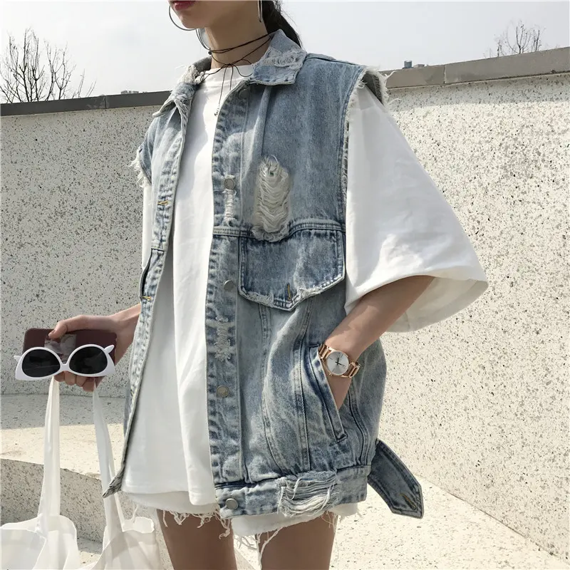 Spring and summer new washed hole nostalgic retro fringed denim vest women's loose jacket