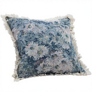 Cojín Decorativo Hecho a Mano, Azul, 50cm, Estilo Shabby Chic, con Pintura al Óleo y Bordado Floral, para Sofá, Cama, Sala de Estar - Product Image 1