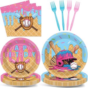 Vaisselle de fête sur le thème du baseball et de la crème glacée : Assiettes et serviettes bleues et roses pour anniversaire, camping, baby shower - Product Image 1