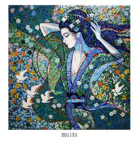 Arte Mural Moderno de Mosaico de Vidrio Azul Verde con Recortes para Interiores de Villas, Solución de Diseño Gráfico para Uso en Pisos y Pasillos - Product Image 1