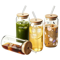Bouteille à boisson en verre avec paille en verre, motif grain de bois délicat, couvercle en bambou durable, résistante à la température, impression sérigraphique personnalisée