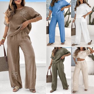 Women's 2-Piece Embroidered Casual <b>Set</b> Cotton <b>Linen</b> High Waist Loose Pants Plus Size Brown Military Green Blue White Apricot - Product Image 1