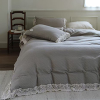 Ensemble de housse de couette en coton 100% luxueux, moderne et élégant, avec dentelle large brodée, couleur unie grise, ensemble de literie 4 pièces