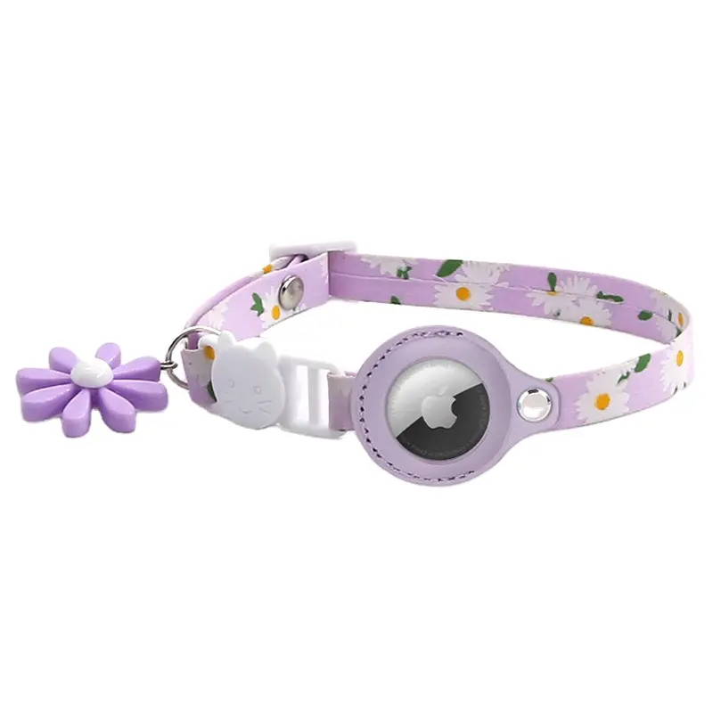 designer green blue purple ribbon Reflective daisy floral print Puppy Small pet Cat Dogs Adjustable Leather Airtag Collar