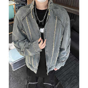 Blouson en jean pour <span class=keywords><strong>homme</strong></span>, hiver, style vintage américain, déstructuré, à franges effilochées, délavé, zippé, style urbain, vente en gros, logo personnalisé, haute qualité - Product Image 1
