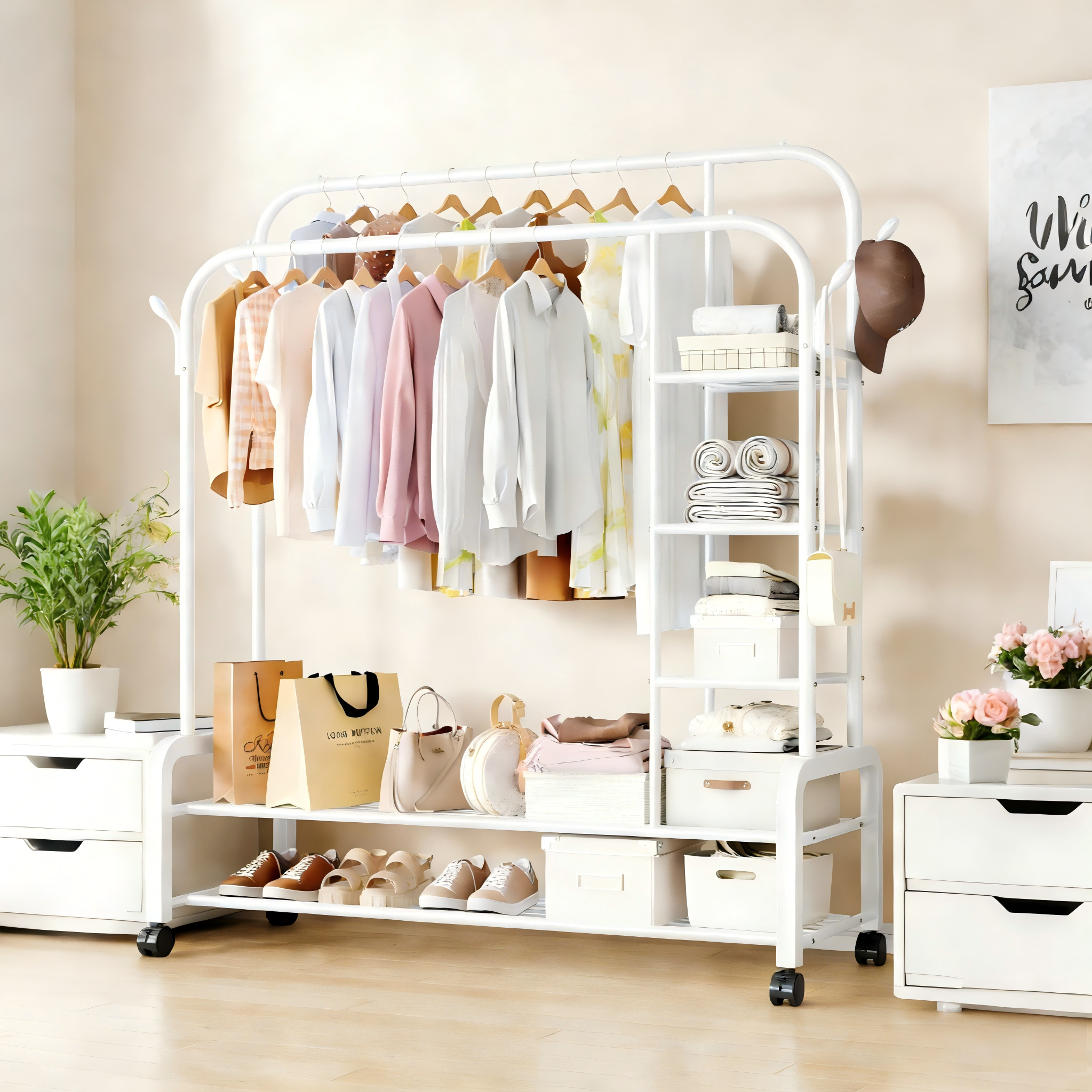 Bianco + scarpiera a doppio strato + scaffale laterale