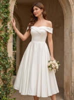 Gaun Pengantin Off Shoulder untuk Pengantin Wanita Ukuran Besar Model A-line Gaun Pengantin Kustom Satin Ivory Grosir