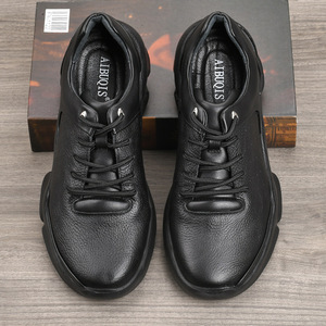 Chaussures de marche pour hommes en cuir véritable, bout rond, lacets, semelle extérieure en caoutchouc rembourrée, couleur unie, chaussures décontractées confortables - Product Image 4