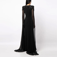 Robe longue de soirée en crêpe noire à manches longues en maille à paillettes sur les épaules, nouvelle tendance 2026, best-seller