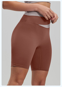 Shorts de yoga taille haute élastiques color-block pour femme, contrôle du ventre, écologiques, sport d'été, anti-transparence, couleur pêche, ODM - Product Image 5