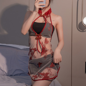 Chemise de nuit sexy Cheongsam pour femmes, sans manches, en mousseline de soie, brodée de papillons, lingerie, vêtements de nuit 8109 - Product Image 1