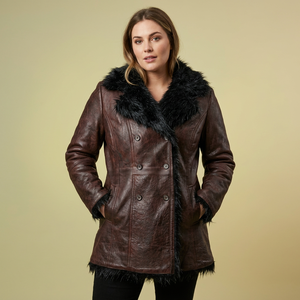 <b>Women's</b> Genuine Leather <b>Coat</b> Brown Faux Fur Collar Double Breasted Winter Warm Fashion Leather Jacket Custom Outerwear - Product Image 1