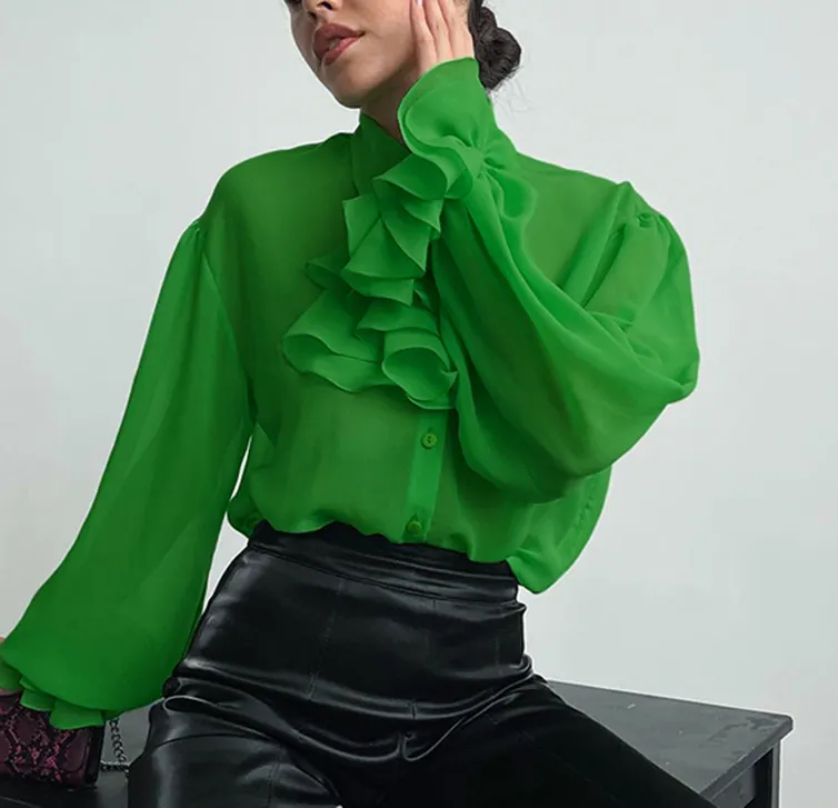 Factory Spring Autumn Fashion Chiffon Perspective Ruffle Shirt Lantern Sleeve Green Blouse Women Top