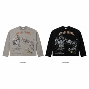 Camiseta de manga larga para hombre con estampado de banda, tejido gofrado, corte holgado, hombros caídos, cuello redondo, estilo retro americano, streetwear casual de otoño - Product Image 4