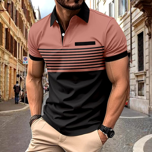 Camiseta de Verano Nueva para Hombre, Ajustada, Formal, con Combinación de Colores, Tejida, Transpirable, con Botones en el Pecho, Estampada a Rayas, de Manga Corta - Product Image 2