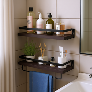 Ensemble d'étagères flottantes pour salle de bain Db, 2 niveaux, montage mural, bois et métal, porte-serviettes 50x30cm, design moderne - Product Image 2