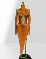 Robe de danse dos nu en maille transparente orange avec franges en strass pour femmes, en stock, pour spectacle sur scène, tenue de performance Drag Queen