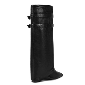 Big Size 45 Metal Buckles High Wedge Heels Pointed Toe Shoes Wide Fit Pants Long <b>Boots</b> Women's Overlay Knee High Booties - Product Image 3