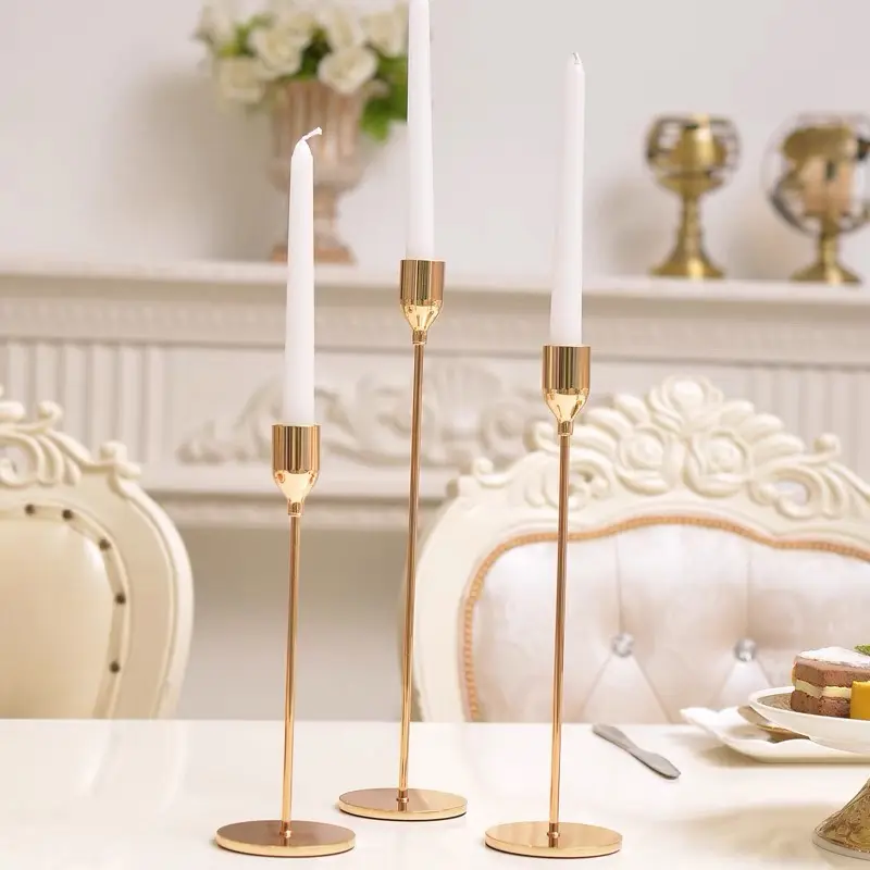 Mesas de mesa decorativas, candelabros de ouro com suporte forte de velas em massa