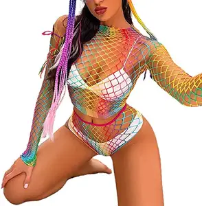 Body a rete Rainbow Mesh Babydoll tute colorate a maniche lunghe body da festa di dimensioni libere per donne e ragazze