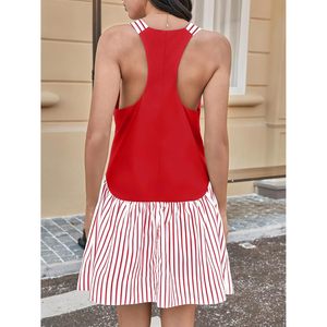 Womens Sleeveless Mini Dress Red Striped <b>Patchwork</b> A Line Casual Summer Dress with Pockets - Product Image 4