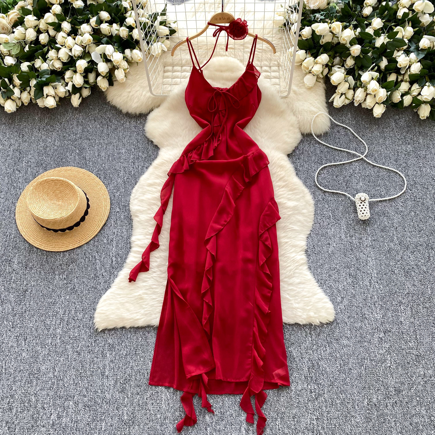 Ambience Red Halter Dress Women'S Three-Dimensional Floral Tie Halter Peplum  Fairy Dress Women| Alibaba.com
