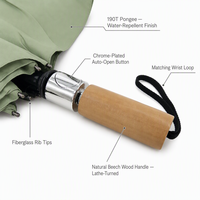 Parapluie pliant automatique coupe-vent de 24 pouces, vert sauge matcha, en pongé 190T, avec armature entièrement en fibre de verre et poignée en bois, personnalisable