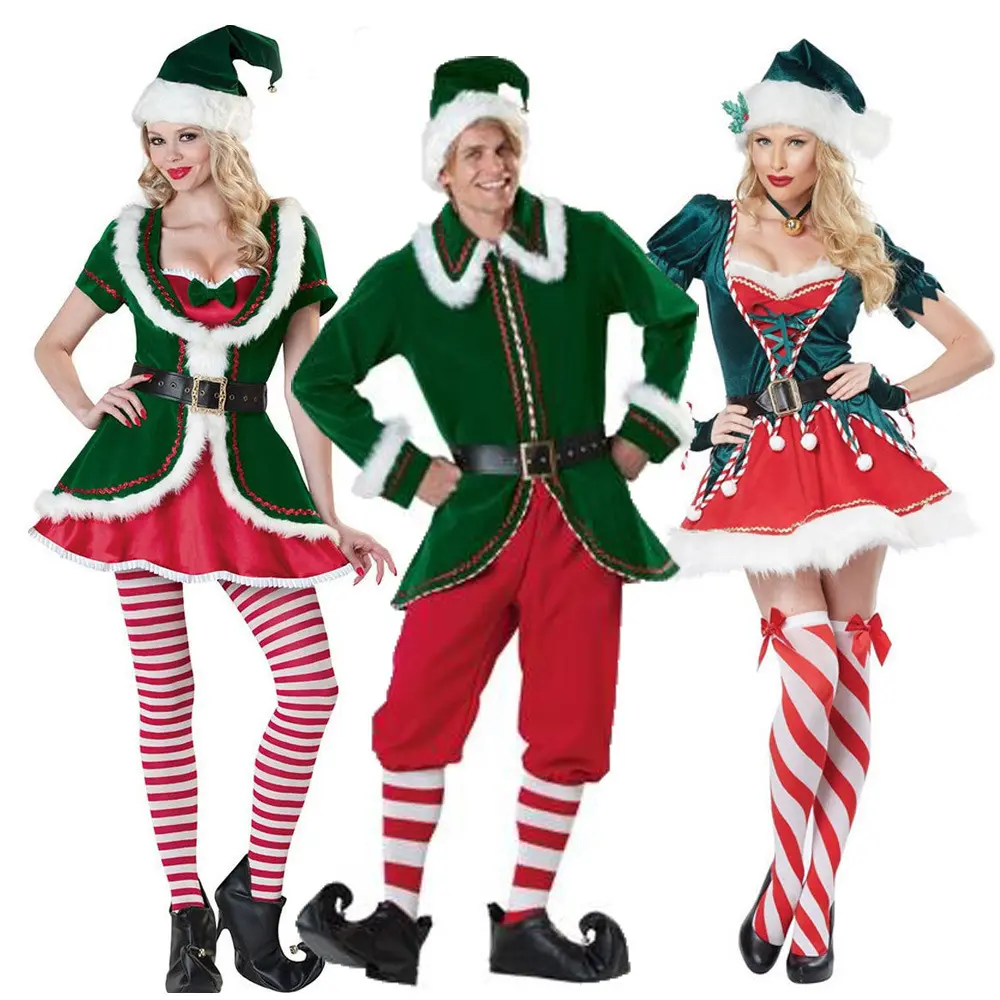Santa Elf Little Helpers Costume Christmas Holiday Party Adult Couples X-mas Family Mr Mrs Fleece Velvet Outfit For Men Women