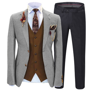Offre Spéciale Plaid <span class=keywords><strong>Tweed</strong></span> hommes trois pièces costume hommes costume marron formel 3 pièces Slim Fit châle revers doux mariage garçons d'honneur blazer - Product Image 3