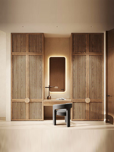 Armoire vintage en bois massif avec coiffeuse intégrée, placard à quatre portes style bois naturel, dressing sur mesure style Wabi-Sabi - Product Image 3
