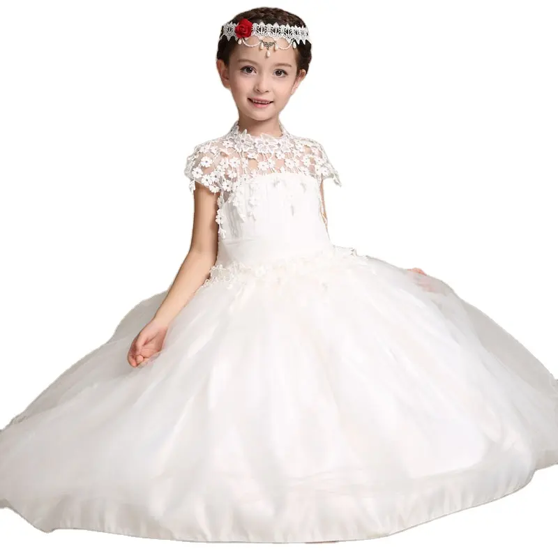 Высококачественное белое платье для маленьких девочек, длинное платье с цветочным узором свадебное платье из сетчатого волокна дизайны платьиц для детей носить тяжелые праздничное платье для От 2 до 12 лет