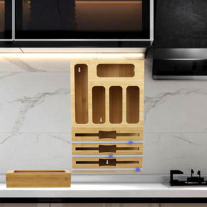 Bamboo Wall Mounted Plastic Wrap Cutter <b>Storage</b> <b>Box</b> With Sliding Knife Holder For <b>Kitchen</b> Organization - Product Image 1