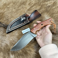 Couteau tactique de chasse à lame fixe avec revêtement en titane, acier laminé à 3 couches, manche en bois, couteau d'extérieur avec étui en cuir