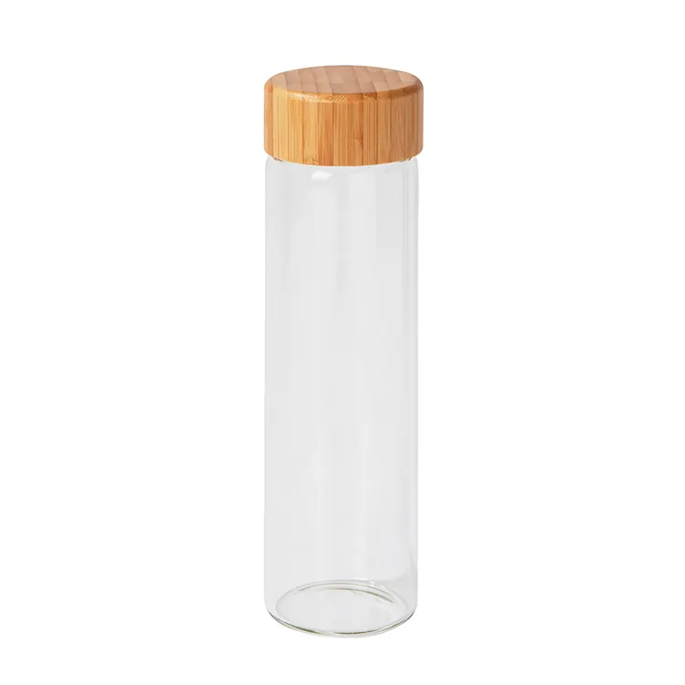 Botellas de vidrio transparente de 550Ml de alta calidad para jugo, botella de vino, botella de agua de vidrio de borosilicato con tapa de bambú para viajes