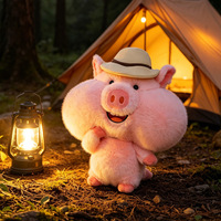 Peluche Cochon de Camping - Cochon Mignon Rose avec Chapeau de Paille, Poupée en Peluche Cochon à Grande Tête, Décoration Adorable, Cadeau pour Enfants