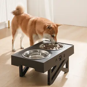 OKEYPETS定制不锈钢高架宠物猫狗碗，带木架双陶瓷碗喂食器