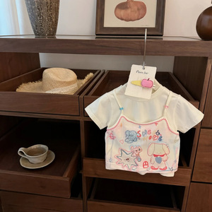 Pom.kp Baby Girls Cotton Short Sleeve T-Shirt With Suspender Design Sweet Print Summer Top Breathable Kids Wear - Product Image 4