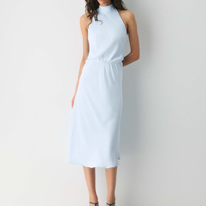 Vestido midi elegante de color azul claro para mujer, sin mangas, con espalda descubierta y lazo en la espalda, vestido de gasa con corte en A, cintura elástica, vestido de fiesta - Product Image 1