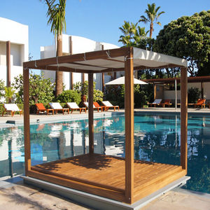 Pavillon de jardin moderne en bois massif durable avec coussins imperméables en teck, résistant au soleil et à la corrosion, lit de repos de piscine avec auvent - Product Image 5