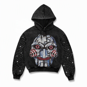 Sudadera con capucha vintage lavada con gráfico de terror <span class=keywords><strong>Saw</strong></span> Puppet para hombre, personalizada con estrella de diamantes de imitación en la manga, estilo streetwear, oversize - Product Image 1