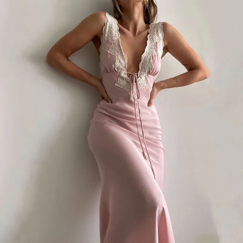 Luxury Satin Silk 2023 Summer Casual Seaside Holiday Sexy Elegant Backless V-Neck Women Night Bodycon Wrapped Lace Long Dress