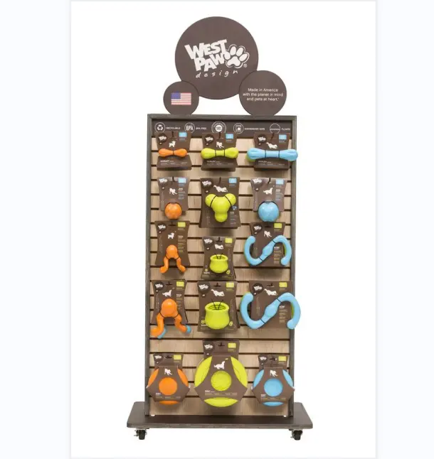Apache Customized Wooden Display Rack Pet Toy Treats Display Stand Pegboard With Hook for Cat Dog Shop Store