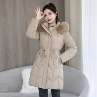 Manteau d'hiver pour femme imperméable mi-long en coton rembourré, style coréen, à capuche avec grand col en fourrure, taille ajustable par cordon, manteau extérieur épais