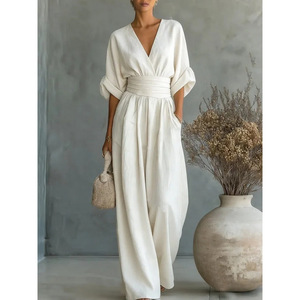 En stock – Nouvelle collection Printemps-Été 2026 – Combinaison élégante à col en V et ceinture à nouer pour femme – Tenue une pièce stylée de style européen et américain - Product Image 2